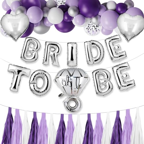 BLOOMWIN JGA Deko Frauen Lila Bride To Be Silber und Lila Luftballons Set Junggesellenabschied Dekoration Violett Accessoires Folienballons Quasten Girlande