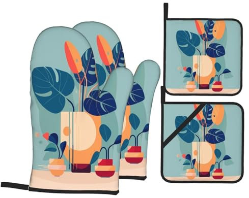 Set di 4 guanti da forno e presine in bambù con tartaruga blu, arancioni, guanti da cucina antiscivolo per cucinare grigliate