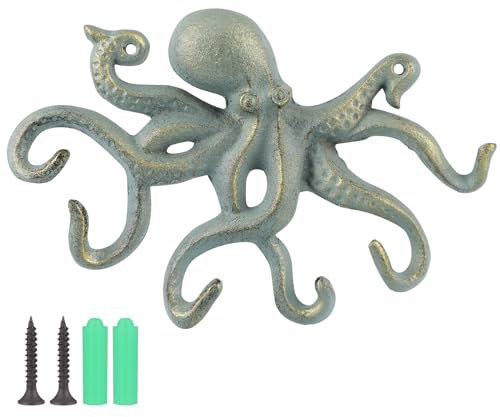BIMUYI Gusseisen Oktopus-Haken, dekorativer Schlüsselhalter, antiker Kleiderbügel (Goldgrün)