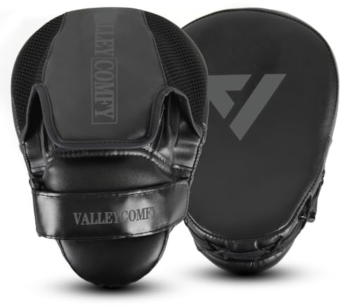Valleycomfy Boxing Curved Focus Punching Mitts,Leather Boxing Pads for Men,Ideal for Boxing Training,Muay Thai,Kickboxing,Martial Arts,Black