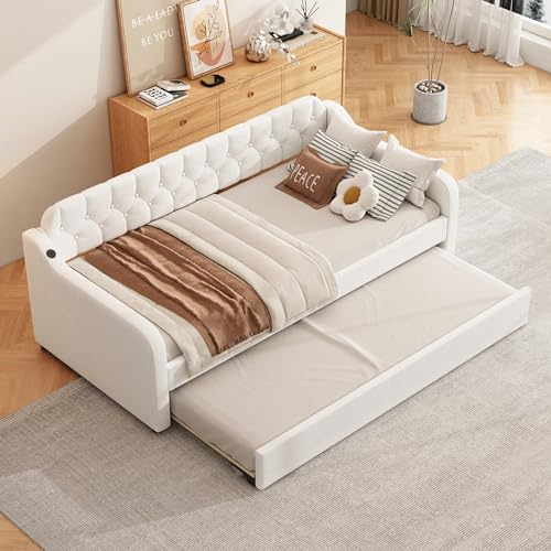 Schlafsofa mit ausziehbares Rollbett, Polsterbett mit USB-Anschluss, Daybett Tagesbett Schlafsofa 90x2000cm mit Lattenrost, Jugendbett und Erwachsene Kinderbett, Ohne Matratze (Beige)