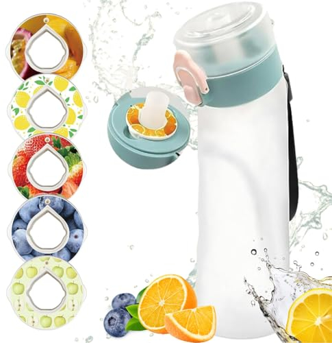 Air Botella Tritan sin BPA 750 ml | 6 cápsulas de descubrimiento de diferentes sabores afrutados INCLUIDAS | Agua 0 azúcar Tapón antifugas y pajita adulto niño | Escuela, gimnasio, deporte
