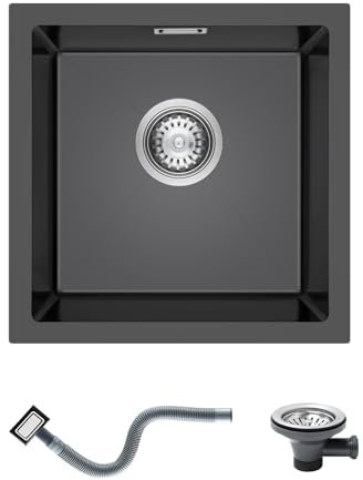 KINKIBOS Fregadero de cocina de acero inoxidable 304 de 35 x 40 cm, fregadero de cocina de una sola cubeta con desbordamiento, montaje inferior y empotrado (sin tubo de drenaje), 1 cuenco, gris y