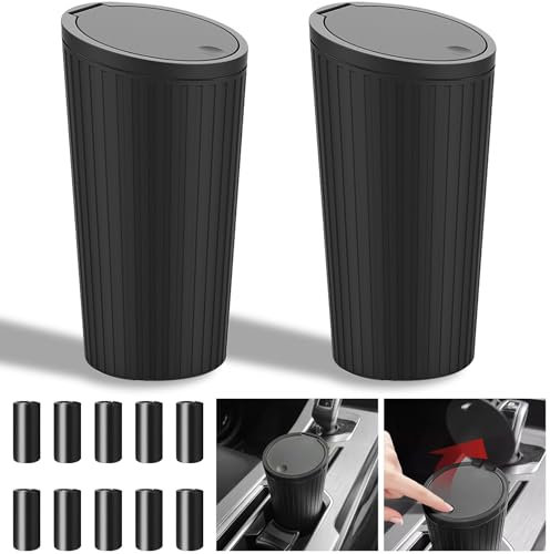 TZEKING 2 Stücke Auto Mülleimer mit Deckel,Automülleinmer Klein mit 5 Rollen Müllbeutel,Tragbare Mini Mülleimer,Auto Getränkehalter Mülleimer,Wasserdicht und Geruchsdicht für Autos, Zuhause, Büro
