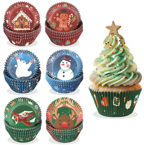 Kalolary 300 Stück Weihnachten Cupcake Liner Backen von Kuchendekorationen | Set Weihnachtlichen Papierbackförmchen Rot Grüne Muffinförmchen Schneeflocken Cupcake Dekoration Elch Cupcake Förmchen