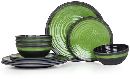 Stoviglie da campeggio in melamina per 4 persone, 12 pezzi, lavabili in lavastoviglie, set da picnic | stoviglie da campeggio I Stone Green Design