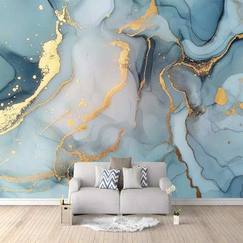 Papier Peint Panoramique Marbre Liquide Bleu Clair Bleu Clair Peinture Murale Papier Peint 3D Fresque Salon Chambre, 250x175 cm