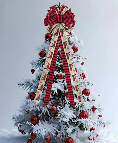 Weihnachtsbaumspitzen-Schleife, Große Weihnachtsschleife,XXL-124x33cm,Weihnachtsbaum Topper Christbaumschmuck mit Schnee Rot Kariert Drahtband,Dekorative Schleifen für Kranz Kamin Fenster Tür Festival