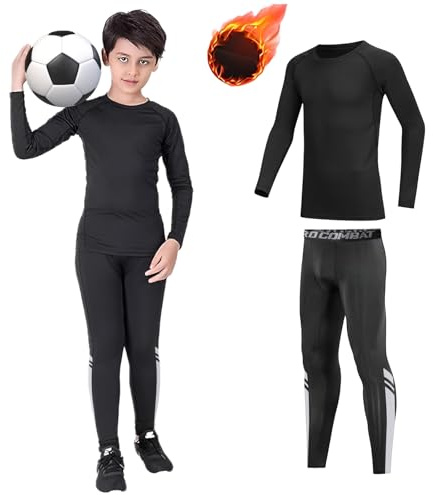 Maglia termica a maniche lunghe e leggings a compressione, per bambini, per sport, calcio, basket, sci, nero, 10-11 Years / SIZE 28