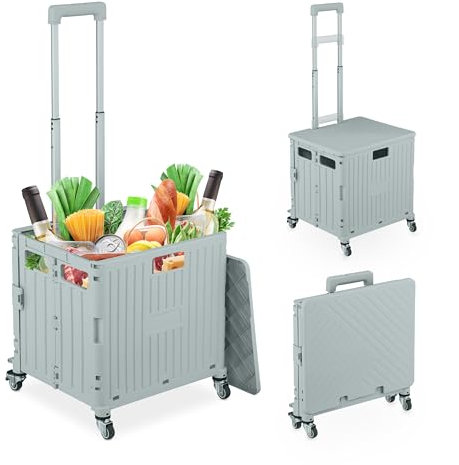 Relaxdays Einkaufstrolley klappbar, Einkaufskorb mit Lenkrollen, bis 35 kg, Deckel & Teleskopgriff, Rollkiste, grau