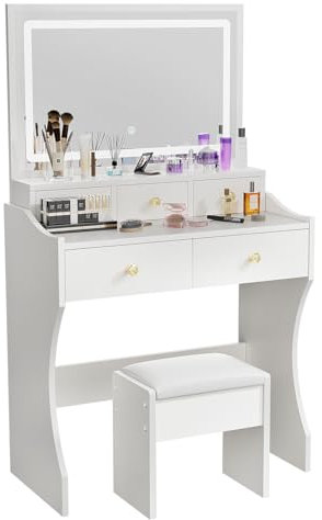 ZenkiHome Dressing Table, Vanity Desk with Large Mirror and Adjustable Lights, 80cm Dressing Table with Stool for Girls and Adults