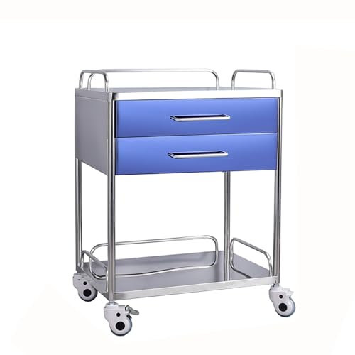 QUSYZD Edelstahl-Arbeitstischwagen mit Rädern, Wagen 2 Schubladen Rollbarer Laborwagen, mit 360° leisen Rädern und Einer Schublade, für Krankenhäuser Kliniken Spas,