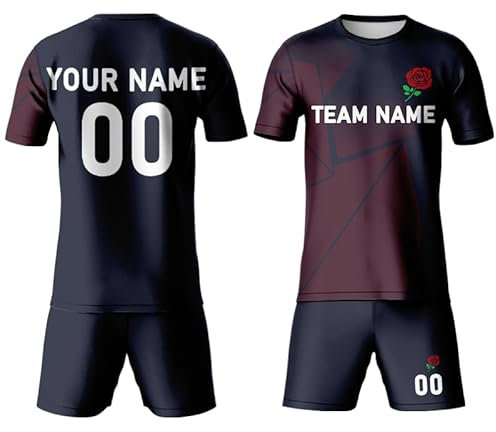 Davcielaora Custom England Football Rose T-Shirt – England Warm Up Rugby-Trikot für Männer Frauen Kinder – England Rugby-Shirt, personalisierbar mit Namen, Logo-Nummer, marineblau / rot, 150