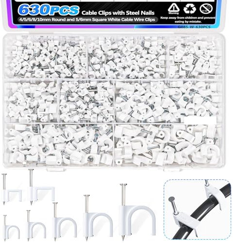 mxuteuk Stk Kabelschellen Nagelschellen, 4/5/6/8/10 mm Rund und 5/6 mm Quadrat Kabelklemmen mit Nagel,Drahtwandklemmen, RG6 RG59 CAT6 RJ45 Kabelklemmen(630PCS )