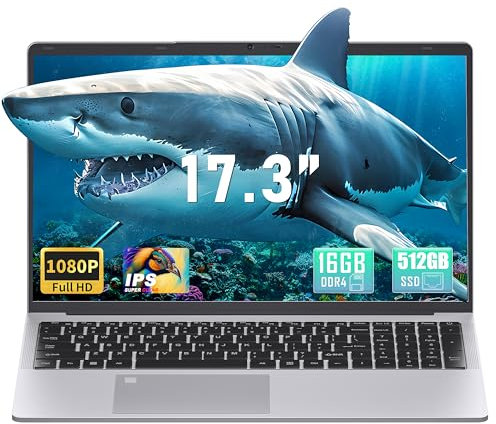 Fsjun 17.3 FHD Silver Laptop Computer, Celeron N5095 Quad-Core Processor, 16GB RAM, 512GB SSD, Win 11 Pro, Office 2019, Backlit Keyboard, Fingerprint Login, HDMI, USB 3.0x3, BT 5.0, Dual-Band WiFi