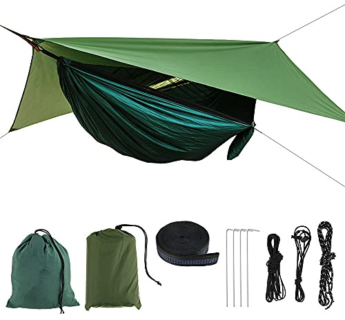 Moskitonetz-Hängematte mit Regenschutz, strapazierfähige, atmungsaktive Hängematte, wasserdicht, Winddicht, tragbares Hängebett für Outdoor-Camping und Wandern(A)