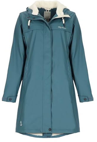 Dry Fashion Damen Regenmantel Oslo - PU-Mantel Outdoor in Navy, Größe 36 | Wind- & wasserddicht, Verschweißte Nähte, 2-Wege-Reißverschluss, Verstellbare Kapuze, Kinnschutz, Taillenregulierung, Taschen