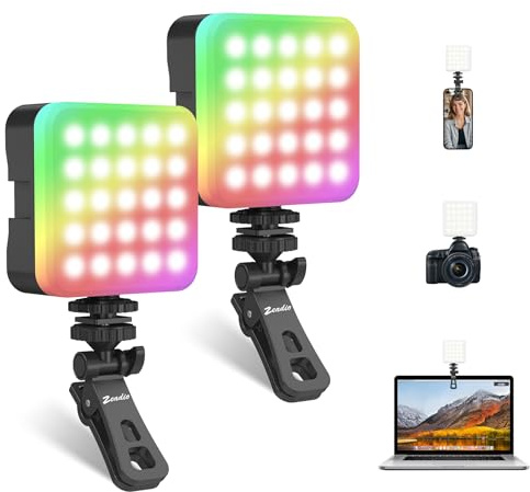 Zeadio Tragbare RGB Taschenlampe mit Clip - 3000K-7000K Farbtemperatur Kamerabeleuchtung, CRI95, Kleines Video/Selfie Licht für DSLR/Tischaufnahmen/Selfies/Smartphone/Fotografie, 2er Pack