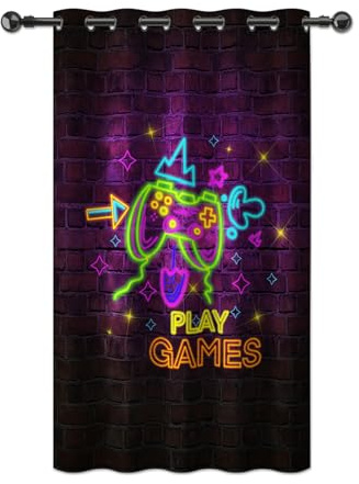 YONGFOTO Gaming Vorhang Jungen Jugendzimmer Neon Retro Gamecontroller Gamepad Fluoreszierend Gamer Verdunkelungsvorhang mit Ösen für Gaming Zimmer Kinderzimmer 1 Stück 117 x 183 cm