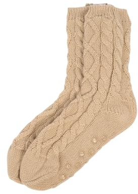 OHS Mens Slipper Socks Cable Knit, Thermal Winter Cosy Mens Slipper Socks with Grippers Warm Soft Comfy Thick Non Slip Bed Sock with Fluffy Lining Gifts for Men Women, Natural One Size