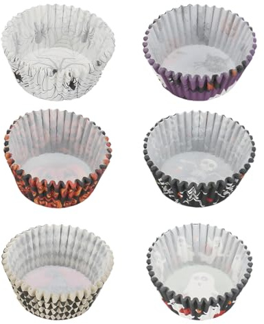 EIHI 600 Stück Halloween Mini-Muffinförmchen Cupcake-Becher, Lebensmittelqualität Allerheiligen Kürbis Spinne Fledermaus Geister Katze Skelett Muffinpapier Backförmchen Cupcake-Hüllen