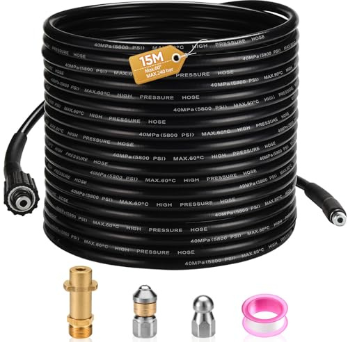 15m Rohrreinigungsschlauch 400Bar, mit M22 Adapter, Düsen starr + rotierend, CAROD 5800 PSI Hochdruckschlauch Geeignet kompatibel mit Karcher K2-K7 für Rohre, Abflüsse und Leitungen