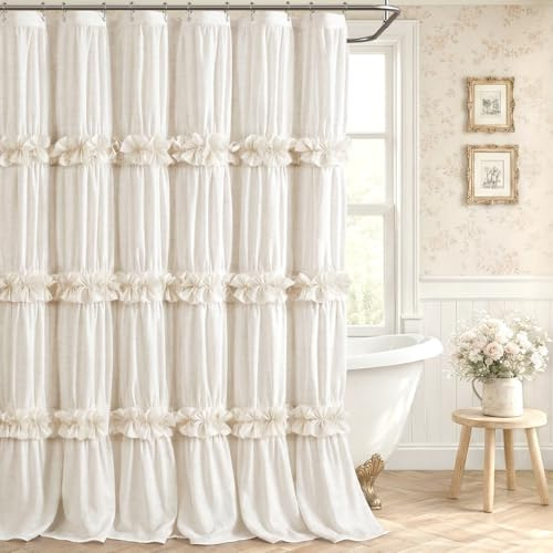XOGUIBO Ruffle Shower Curtain with Bow Vintage Farmhouse Linen Shower Curtain for Bathroom, Cream, 72 W x 72 H