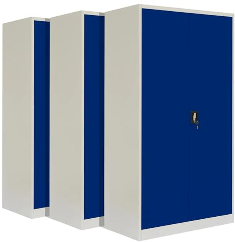 3-Pack LagerZwei Mehrzweckschrank 195x100x50cm I Großer Metallschrank, 4 Fachböden I Aktenschrank, abschließbar I Robuster Allzweckschrank als Werkstattschrank & Büroschrank I Stahlschrank weiß-blau