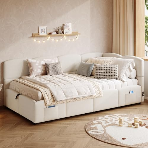 Merax Kinderbett Polsterbett 90x200cm Tagesbett Schlafsofa, mit hydraulischem Stauraum, Lattenrost, USB Ladefunktion, Stautasche, für Kinder&Jugendliche, Boucle, Beige(ohne Matratze)