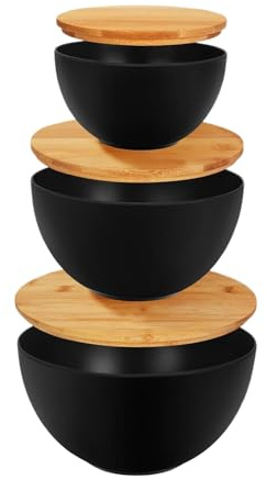 gifyym Mixing Bowls - 3 Pieces Salad Bowls | Bowl Set with Wooden Lid Storage Container Kitchen Aid for Serving Preparation for Fruit Bread Soup Cooking Baking