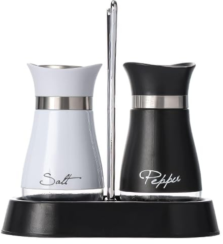 Salt and Pepper Shakers Set with Holder, Black & White Glass Salt Pepper Pots, Refillable Spice Shakers with S&P Lids and Silicone Funnel for Kitchen Table, Dining, BBQ