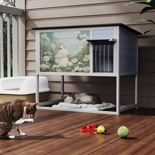 Insulated Warm Outdoor Cat House & Condos, Raised Weatherproof Kitten Shelter for Outside with All-Round Foam, Feral Cat Wooden Enclosur (Painted)