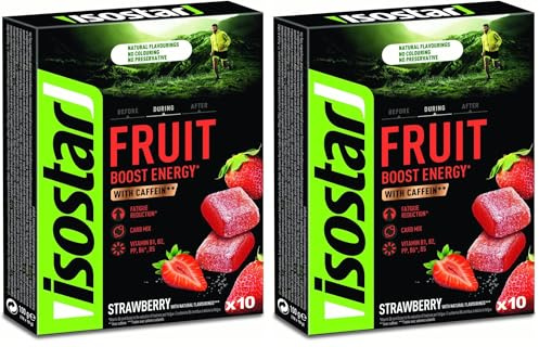 Isostar Energy Fruit Boost - Saveur Fraise - Pâtes de Fruits Sport - Réduction Fatigue - Avec Caféine - Arôme Naturel - Sans Colorant - Sans Conservateur - 1 Boîte de 10 Carrés (10 x 10 g) (Lot de 2)