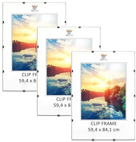 MG Design Cliprahmen Set 3 Stück in A1 59,4 x 84,1 cm – Rahmenlose Bilderrahmen mit Acrylglas & HDF-Rückwand für Fotos, Poster & Puzzle, vertikal & horizontal