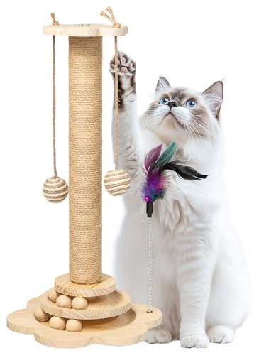 Mocifa 4 en 1 Arbre Griffoir à Chat en Bois, 50 x 25 cm, Double Couche | Jouet Interactif pour Chat en Bois, Poteau Griffoir en Sisal pour Chat, avec Boules en Bois,Boules en Sisal Suspendues,Plumes