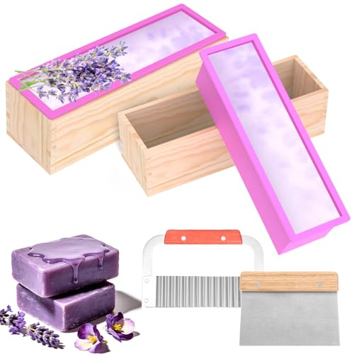 2 Stück Seifenschneider Set,Seifenformen Silikon,1200ML Seife Selber Machen,Seifenschneider mit Holzbox und Schneidemaschine,für Herstellung von Seife,Brot, Desserts und Gebäck(Lila)