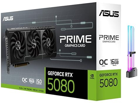 ASUS Prime GeForce RTX 5080 OC Edition Triple Fan Graphics Card, 16GB GDDR7, 1827 AI Tops, 5th Gen Tensor Cores, DLSS 4, PCIe 5.0, DP 2.1b x3, HDMI 2.1b, with GPU Holder