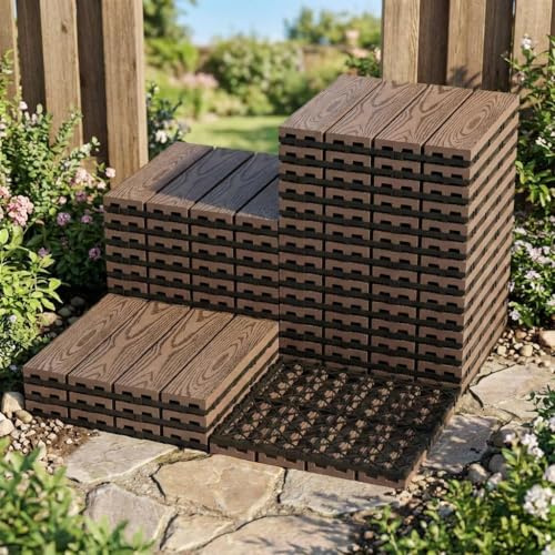 Decking Tiles 27 Packs, 30 x 30 cm Waterproof Interlocking Flooring Tiles, All Weather Use Garden Deck Boards for Indoor Outdoor, Patio Deck Flooring for Balcony,Terrace,Backyard, Hot Tub - Grey