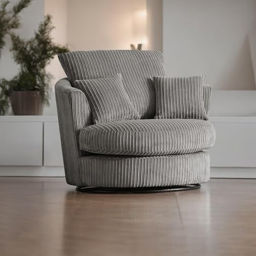 Darnall Jumbo Cord Grey Swivel Chair, Modern Upholstered Accent Chair with Soft Durable Cord Fabric, Comfortable 360 Degree Rotating Armchair for Bedrooms, Living Rooms & Home Lounge