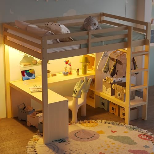 Hochbett Stauraumbett 140×200 cm mit Schreibtisch, Kiefer/MDF Natürlich | Integrierte Kleiderstange und offene Fächer für übersichtliche Ordnung bei Kleidung, Büchern und Spielsachen