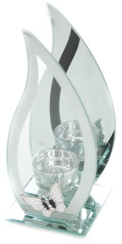 Hestia Glass Mirror Finish Single T-Lite Holder with White Butterfly Flame Shape HE166
