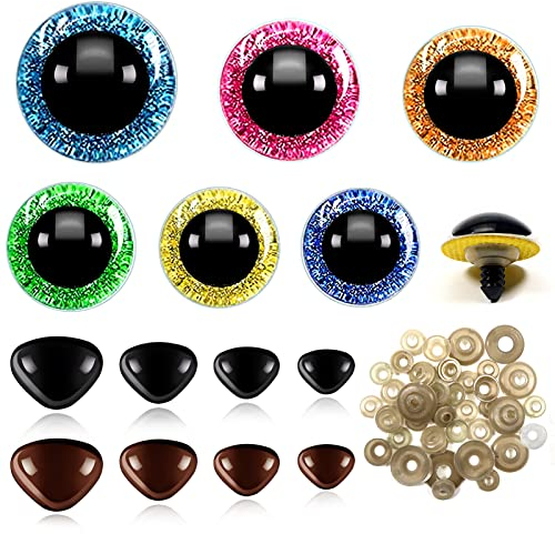 TOAOB 100pcs Yeux de Sécurité et Nez de Sécurité 6 Couleurs Ronds en Plastique de Poupée en Paillettes Nontissés 16mm à 30 mm avec Rondelles pour Crochet Amigurumis Marionnettes Animaux en Peluche