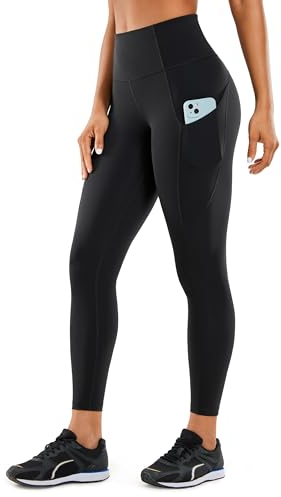 CRZ YOGA Damen Naked Feeling Sport Leggings mit Taschen High Waist Sporthose Gym Blickdicht Yogahose - 64cm Schwarz - Seitentaschen 34