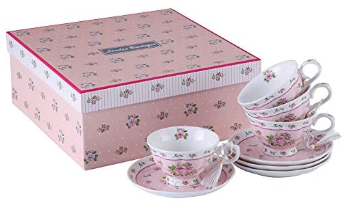 London Boutique Tea cup and Saucer set 4 Afternoon Tea Set Shabby Chic Vintage New Bone China Porcelain Rose Flora Gift (Rose Pink)