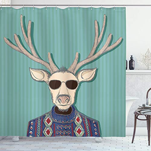 ABAKUHAUS Branché Rideau de Douche, Cerfs communs avec Un Chandail coloré, Tissu Ensemble de Décor de Salle de Bain avec Crochets, 175 cm x 220 cm, Multicolore