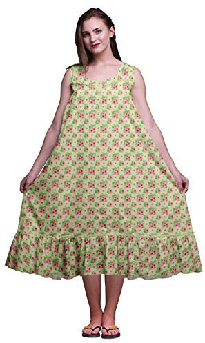 Bimba grunlich beige4 Blumen- Monstera Blatt & Bedruckte Baumwoll-Nachthemden für Frauen ärmelloses Kleid Nachtwäsche Maxikleid XX-Large