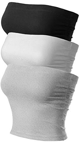 MixMatchy Women's Solid Casual Summer Side Shirring Scrunched Double Layered Tube Top 3PACK - Black/H.Grey/White S