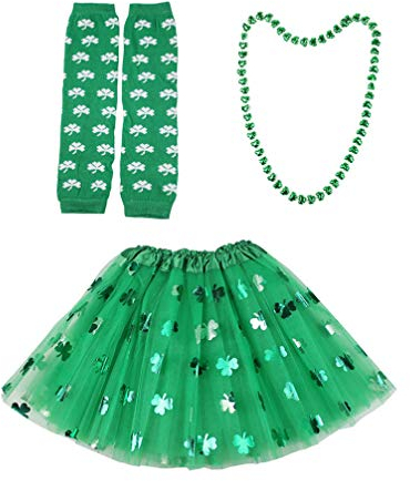 TENDYCOCO St Patrick Day Kostüm Zubehör Set Klee Gedruckt Mesh Rock Halskette Arm Wärmer Dress up für Dame Girl Festival Party