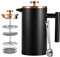 Meelio Black French Press Kaffeepresse aus Edelstahl, doppelwandig, isoliert, 1 l, für Reisen, Camping, mit 2 zusätzlichen Filtersieben und 1 Kaffeelöffel (8 Tassen, 1000 ml)