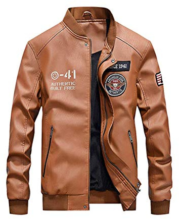Minetom Chaqueta De Motorista Hombre Chaqueta De Cuero Transición De Piel Sintética con Bolsillos Chaqueta Bombardero Retro PU Uniforme De Béisbol Chaquetas C Marrón L